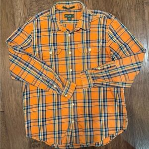Eddie Bauer Men's 100% Cotton Orange and Blue Plaid Flannel Shirt XL